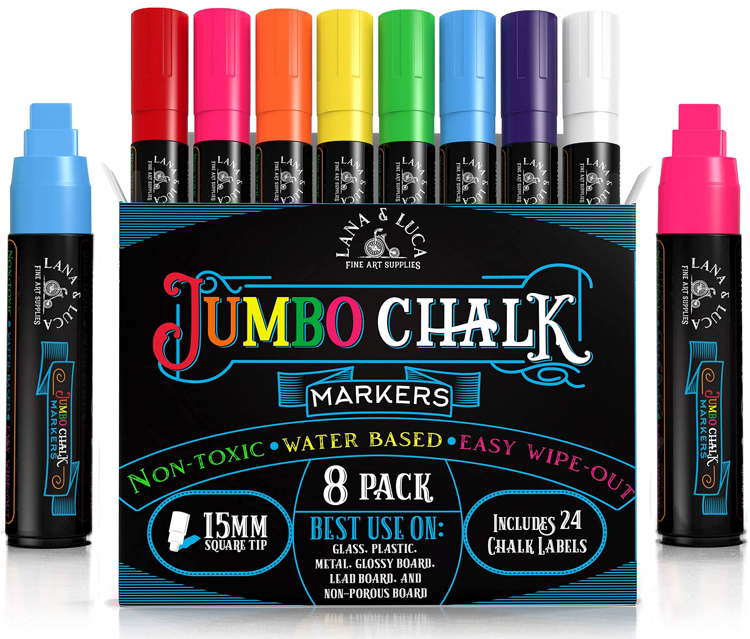 LANA & LUCA Jumbo Liquid Chalk Markers 8-Pack with 15mm Square Tip - Vibrant Bold Colors for Chalkboards, Blackboards, Windows, Signs - Perfect for Teachers, Restaurants, Retail Stores & DIY Projects
