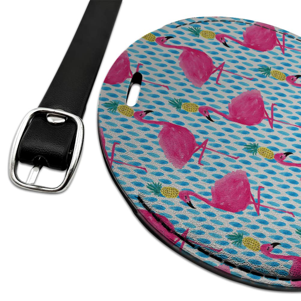 Stylish Round Leather Luggage Tag with Flamingo & Pineapple Design - Perfect for Carry-On Suitcases, Travel Bags & Party Vacations