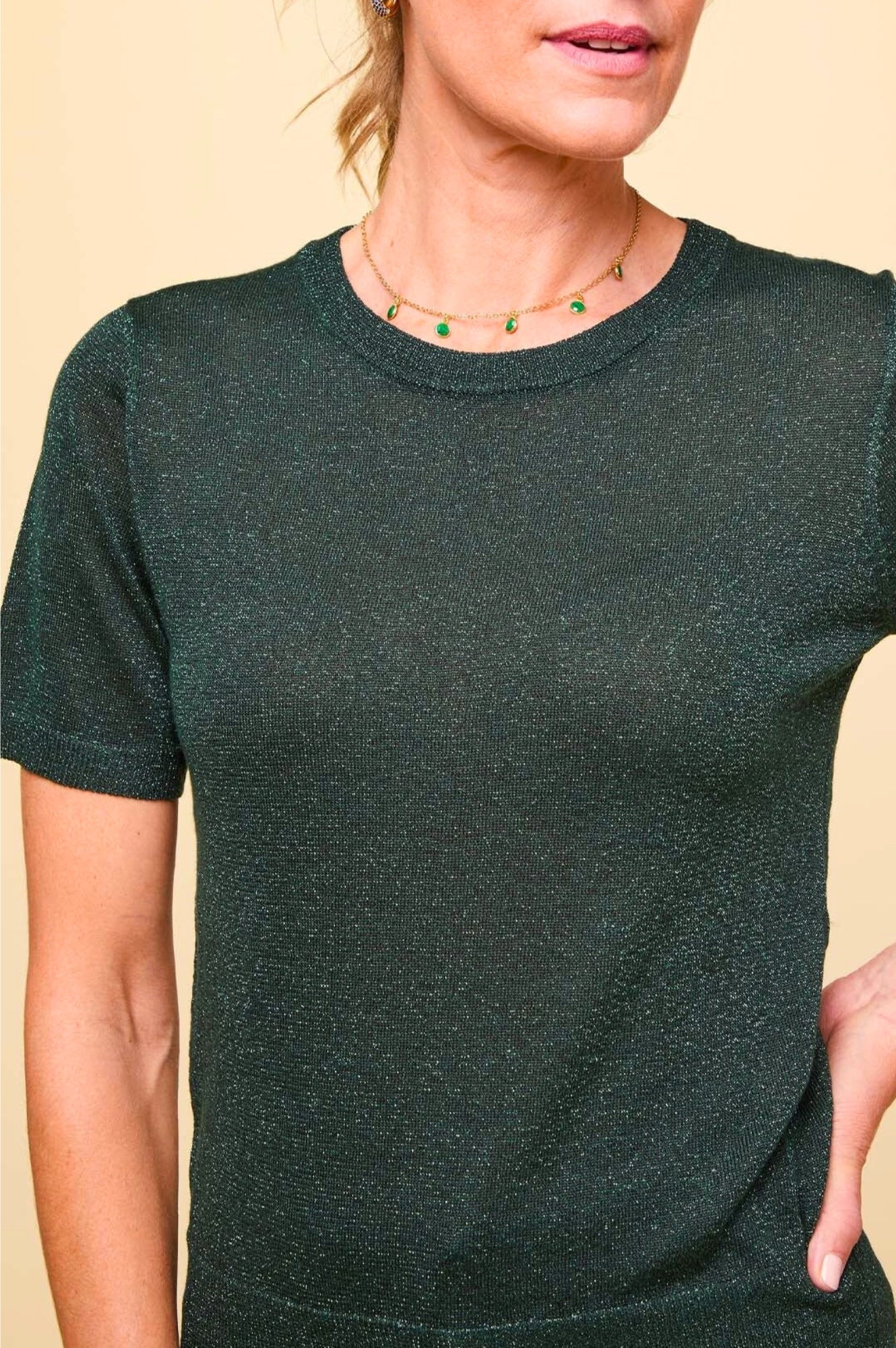 Metallic Knit T-Shirt for Women - Emerald Green Short Sleeve Top | Casual Wear, Party Outfit, Everyday Fashion