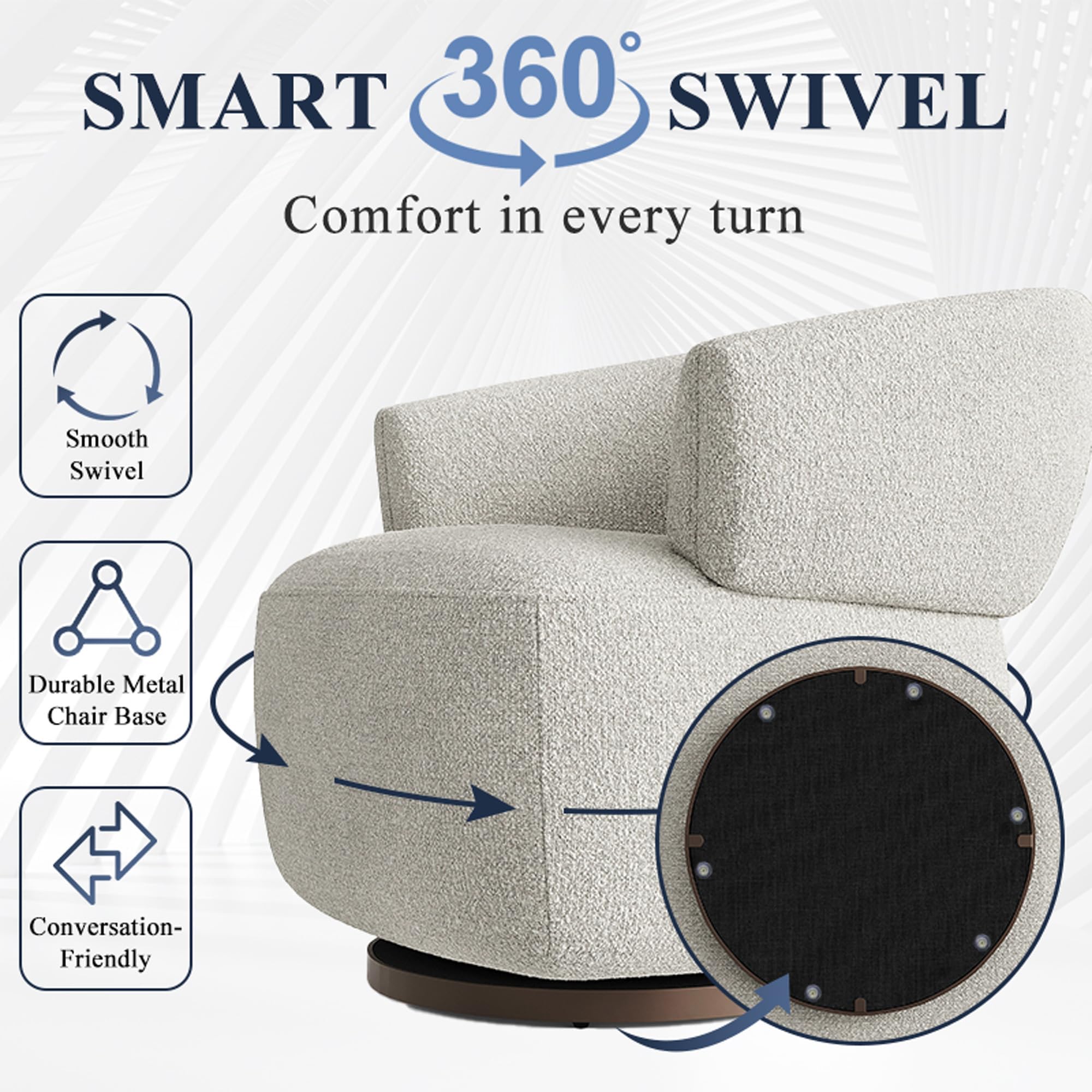 RoyalCraft Swivel Accent Chair Set of 2 - Fully Assembled Modern Round Barrel Chairs with 360° Rotation, Oversized Upholstered Armchairs for Living Room, Bedroom & Office - Soft Griege Fabric - Perfect for Reading Nooks, Conversation Areas & Small Spaces