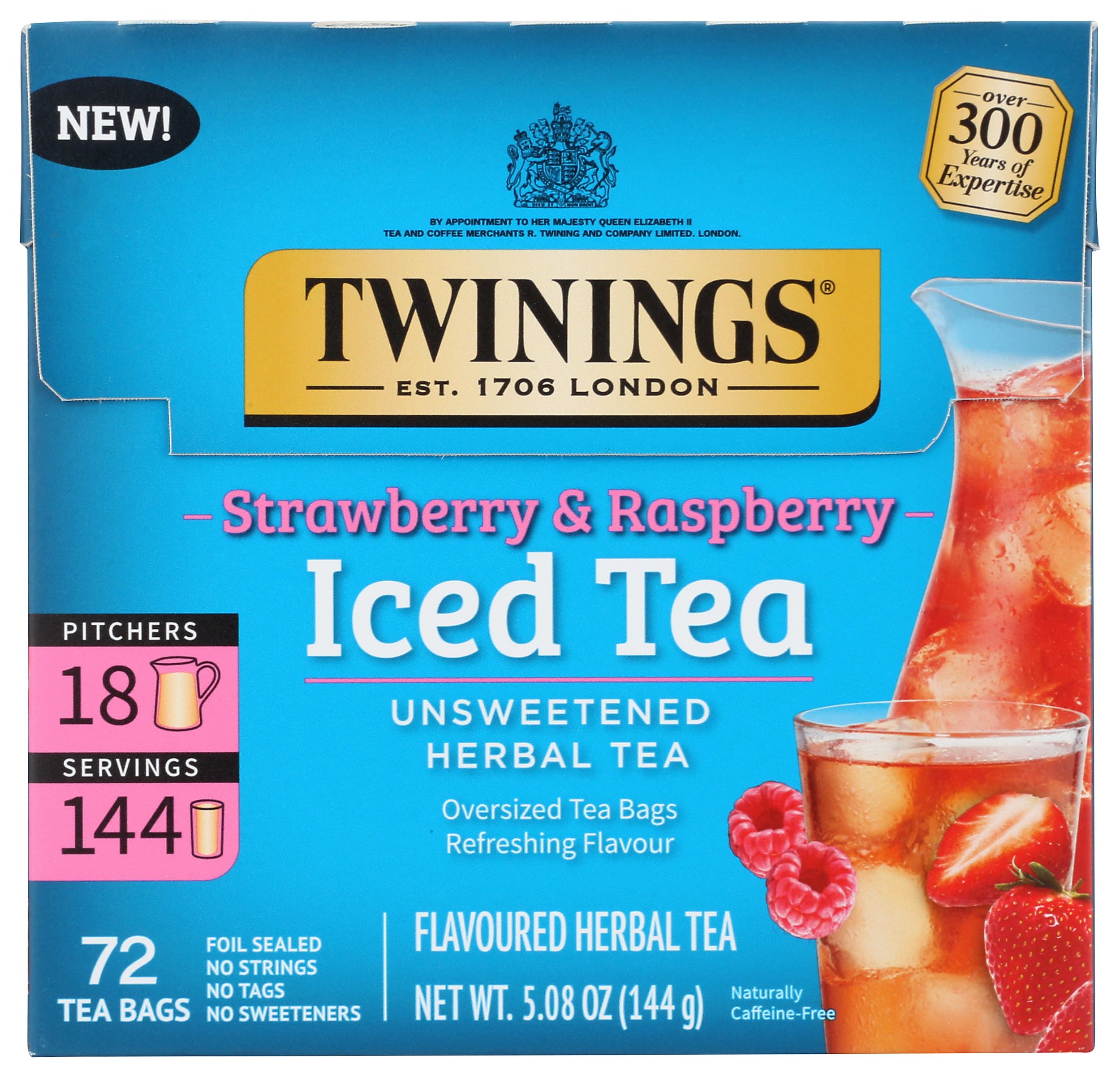 Twinings Strawberry & Raspberry Herbal Iced Tea Bags - 72 Count | Caffeine-Free Fruit Infusion for Summer Refreshment, Picnics & Relaxation