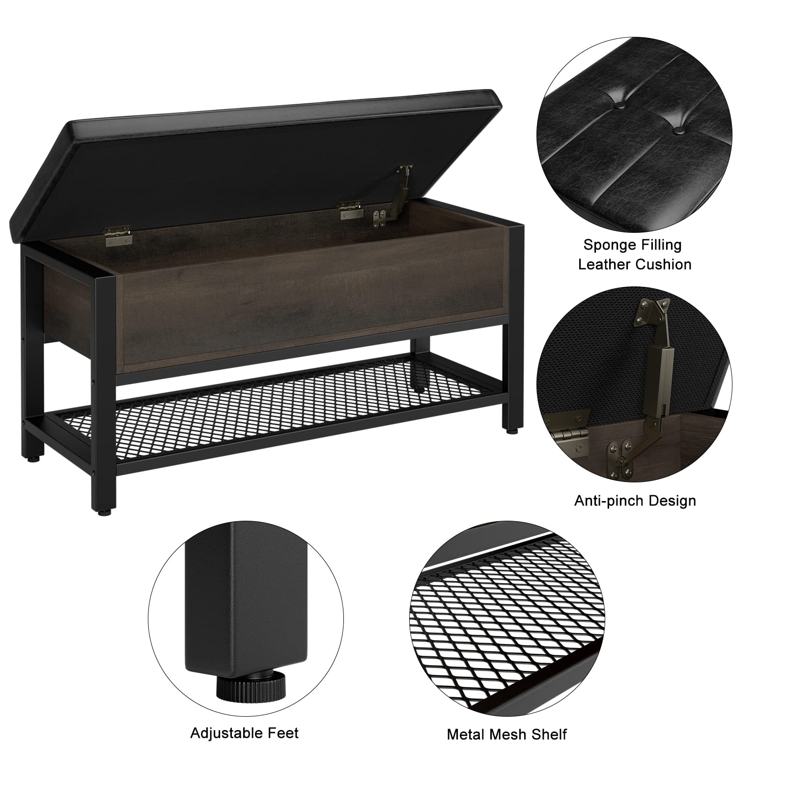 HOSTACK Storage Bench with Flip-Open Lid - Dark Brown Entryway Shoe Bench, Bedroom Ottoman with Storage Shelf & Padded Seat - Perfect for Hallway, Living Room & End of Bed Organization