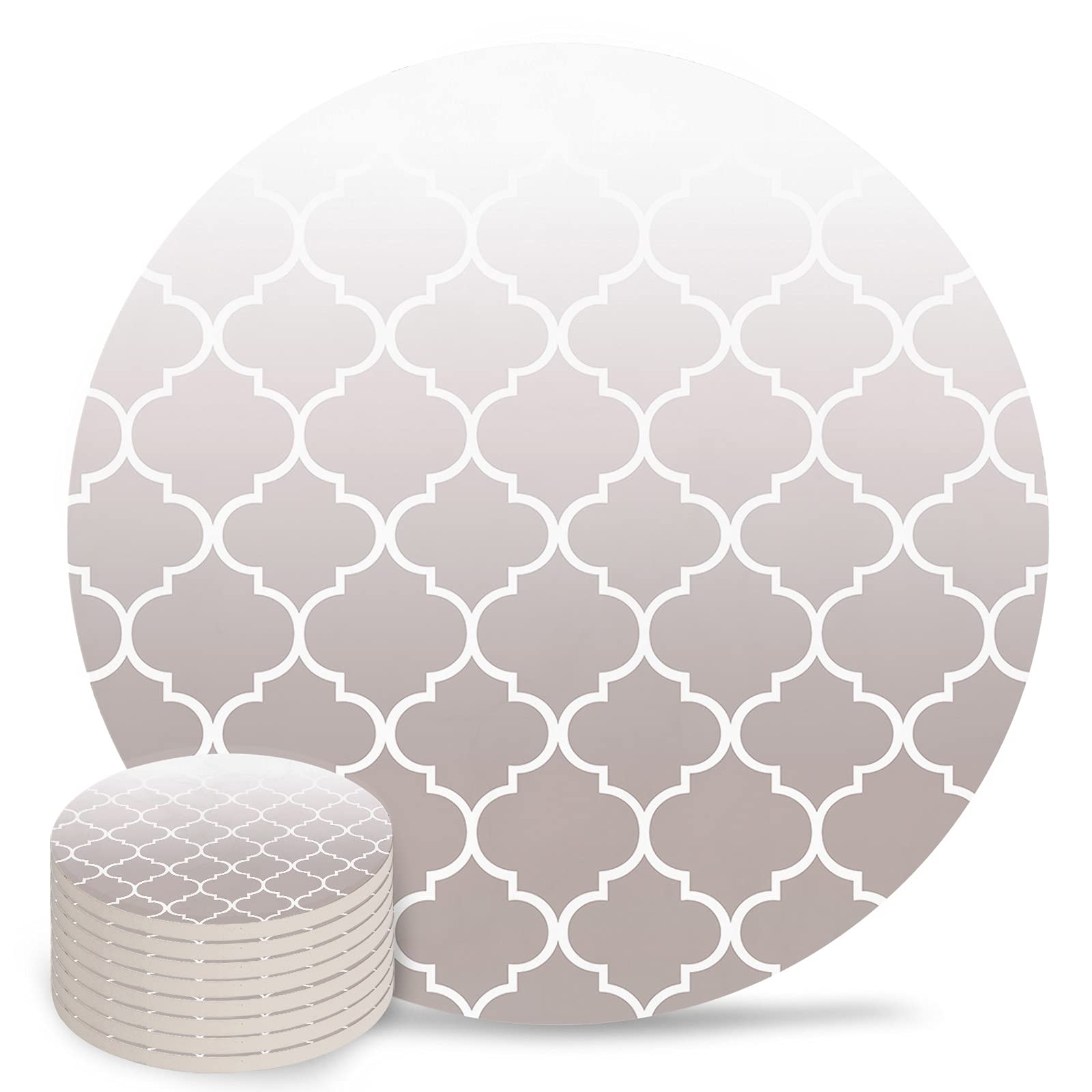 8-Pack Moroccan Ceramic Drink Coasters with Cork Back - Absorbent, Non-Slip Coasters for Coffee, Wine & Beverages - White & Grey Geometric Pattern - Perfect for Home, Office, Coffee Shop & Bar Decor
