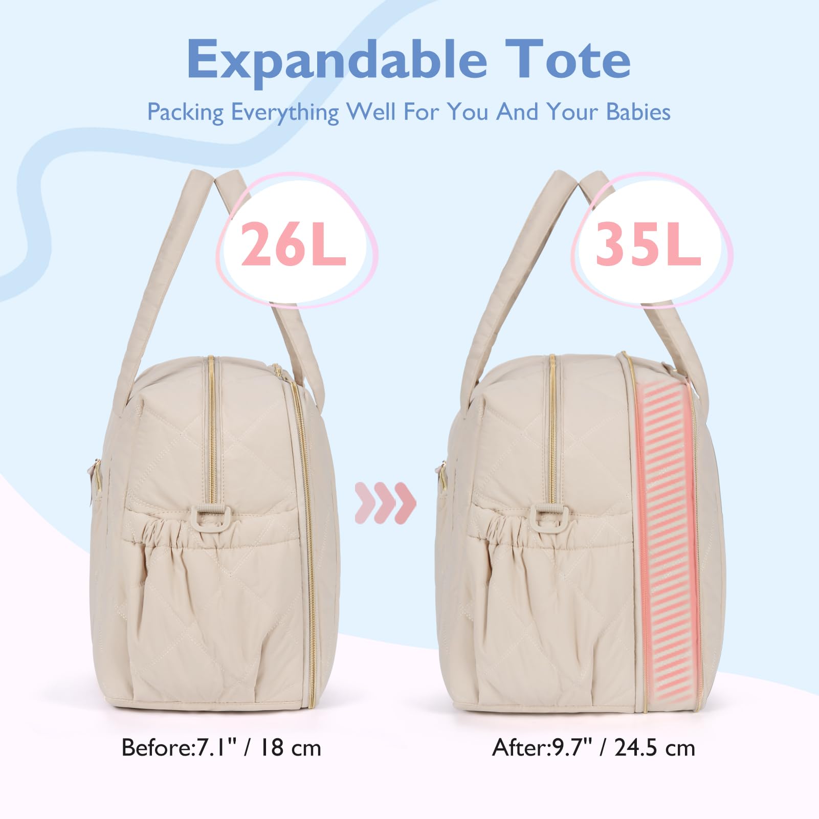 Mommore Large Expandable Diaper Bag Tote for Twins & 2 Kids - Quilted Baby Travel Tote, Hospital Bag for Mom, Weekender Organizer - Perfect for Travel, Daycare & Family Outings