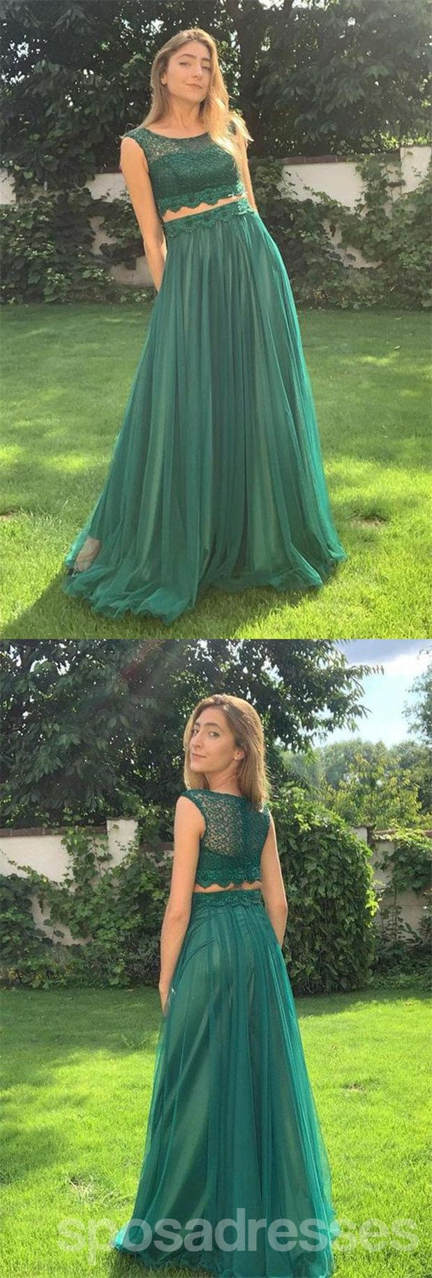 Elegant Green A-Line Two-Piece Sleeveless Long Prom Dress for Women - Perfect for Formal Events, Dances & Special Occasions