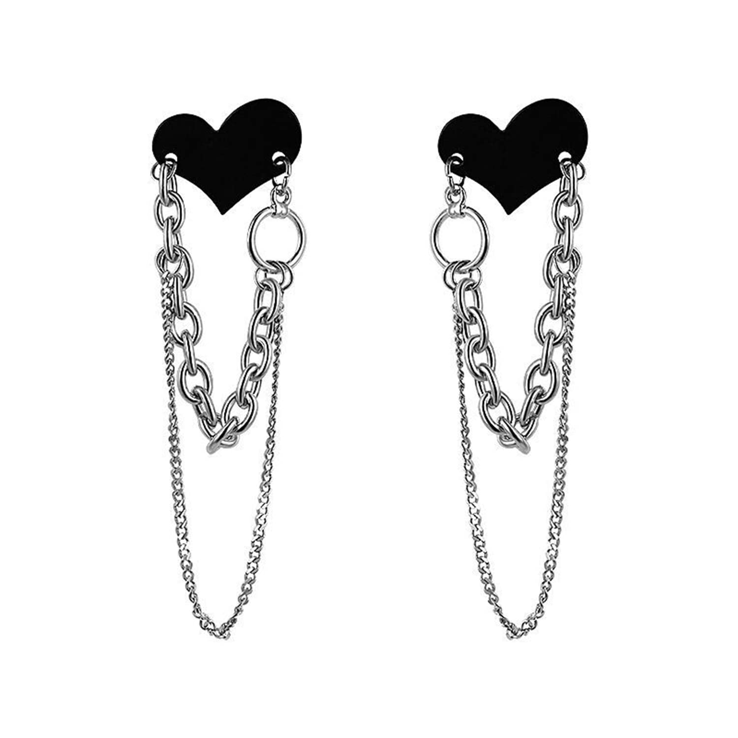 Stylish Punk Black Tassel Drop Dangle Earrings with Heart Studs & Long Chain - Cool Gothic Bar Party Jewelry for Women & Girls - Perfect for Night Out, Concerts and Edgy Fashion Statements