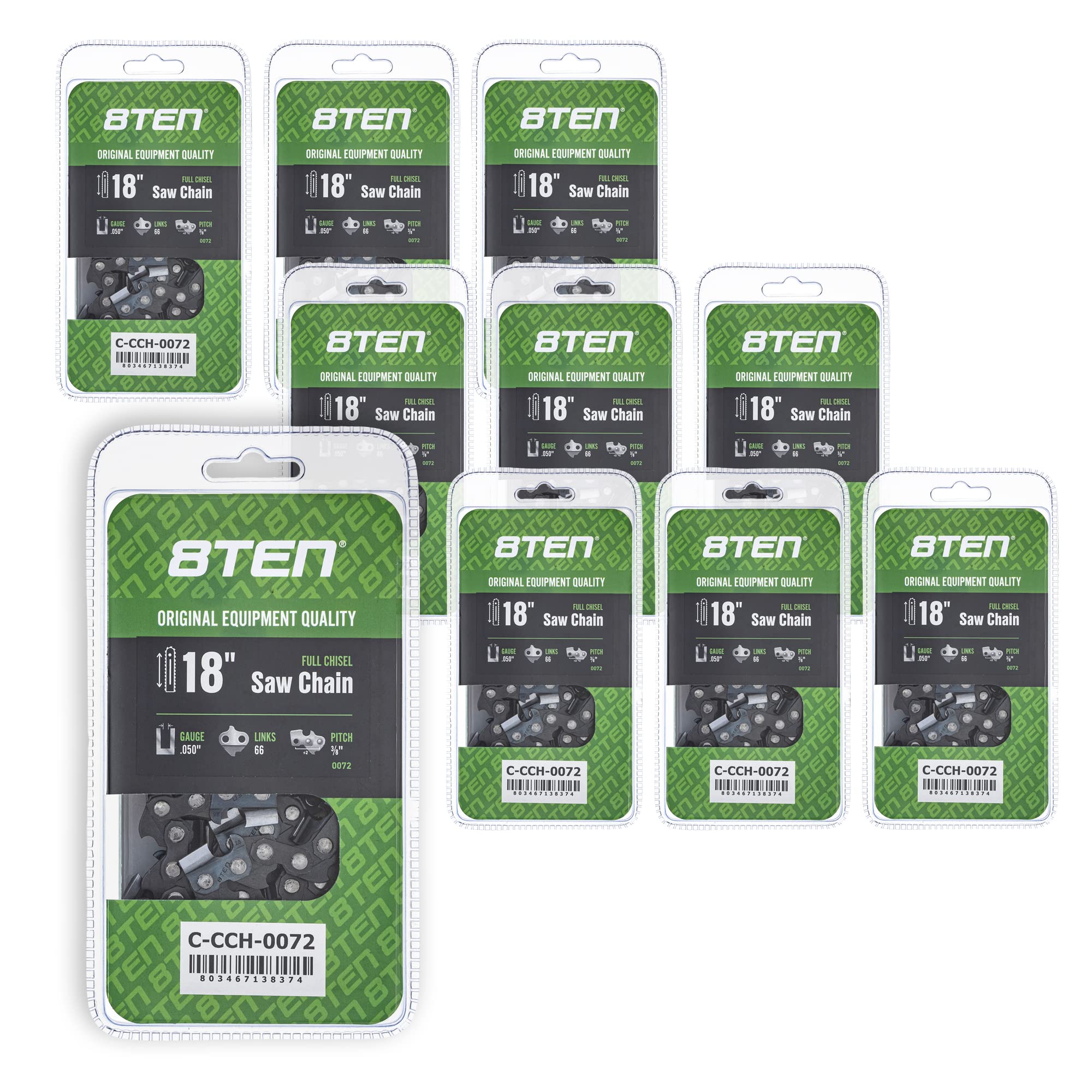 8TEN Full Chisel Chainsaw Chain 18 Inch .050 Gauge 3/8 Pitch 66DL - Compatible with Echo CS-590, Stihl MS260, MS270, Poulan PP4818A (10 Pack) - Ideal for Professional Logging, Tree Cutting, and Firewood Preparation