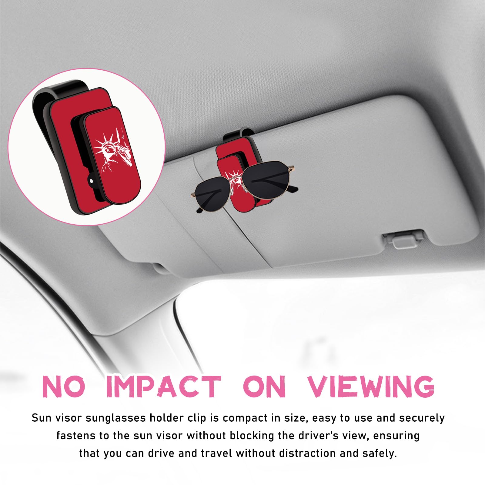 **Statue of Liberty Metal Car Sunglasses Holder & Multi-Function Clip – Sun Visor Eyeglass Hanger for Men & Women (Red) – Perfect for Road Trips, Commuting & Travel Accessories**