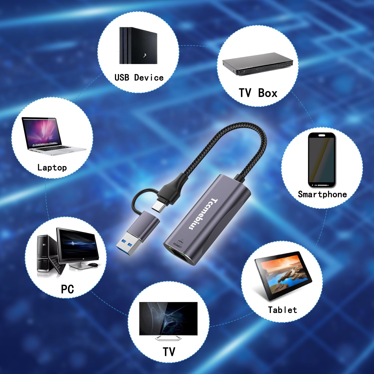 Tccmebius USB Ethernet Adapter, 2-in-1 USB C & USB 3.0 to RJ45 Gigabit LAN Network Adapter 1000Mbps - Compatible with MacBook Pro/Air, iPad Pro, iPhone 15/15 Pro, Surface Pro, Laptops & PCs (TCC-S30B) - Ideal for Home Office, Gaming & High-Speed Internet Connections
