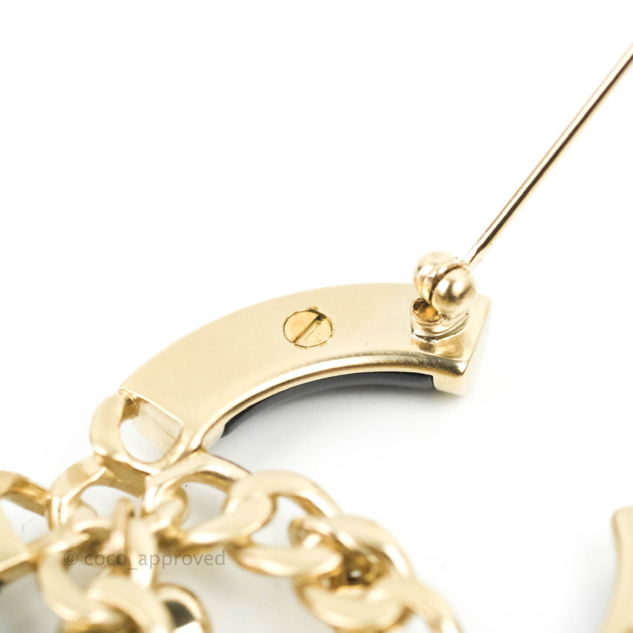 Chanel CC Chain Black Brooch Gold Tone 18B - Elegant Vintage Chanel Pin for Women, Perfect for Jackets, Bags & Scarves
