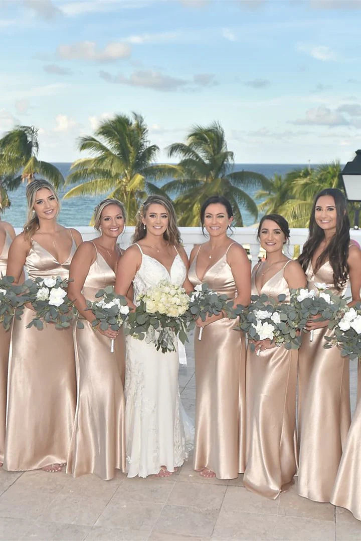 Elegant Champagne Bridesmaid Dress with Spaghetti Straps & V-Neck - Perfect for Weddings, Parties, and Formal Events