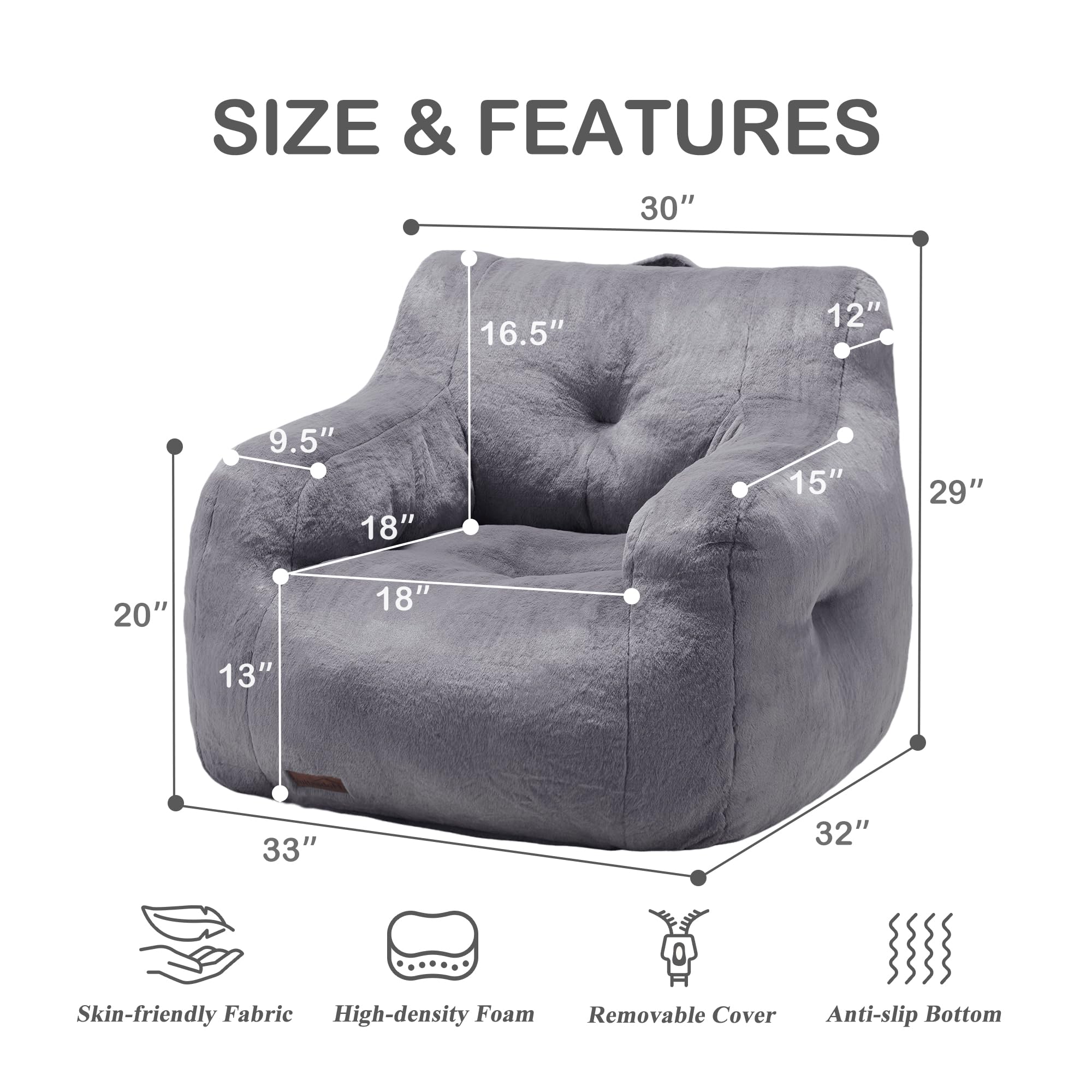Hobestluk Furry Bean Bag Chair with Arms - Small Foam Filled Beanbag Sofa for Adults, Grey - Perfect for Reading, Relaxing in Bedroom, Living Room, Dorm & Game Room