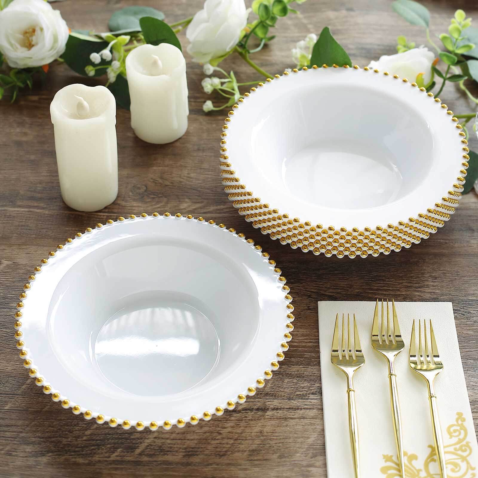 10 Pack White Plastic Dessert Bowls with Gold Beaded Rim - 12oz Disposable Salad & Soup Bowls for Parties, Picnics, and Catering Events