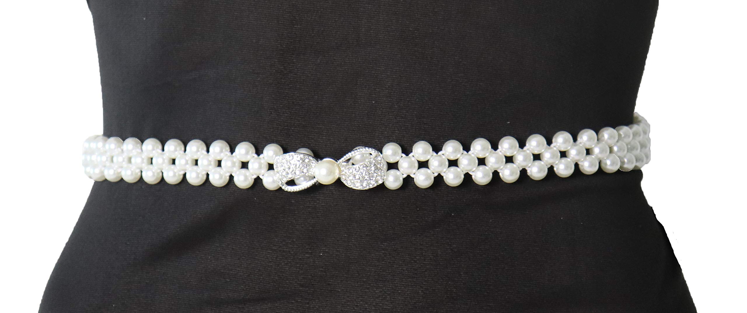 Elegant Women's Stretch Pearl Waist Belt with Rhinestone Interlocking Buckle - Adjustable Elastic Sash for Party Dresses, Wedding Gowns & Formal Occasions | Perfect Accessory for Evening Events, Bridal Showers & Special Celebrations