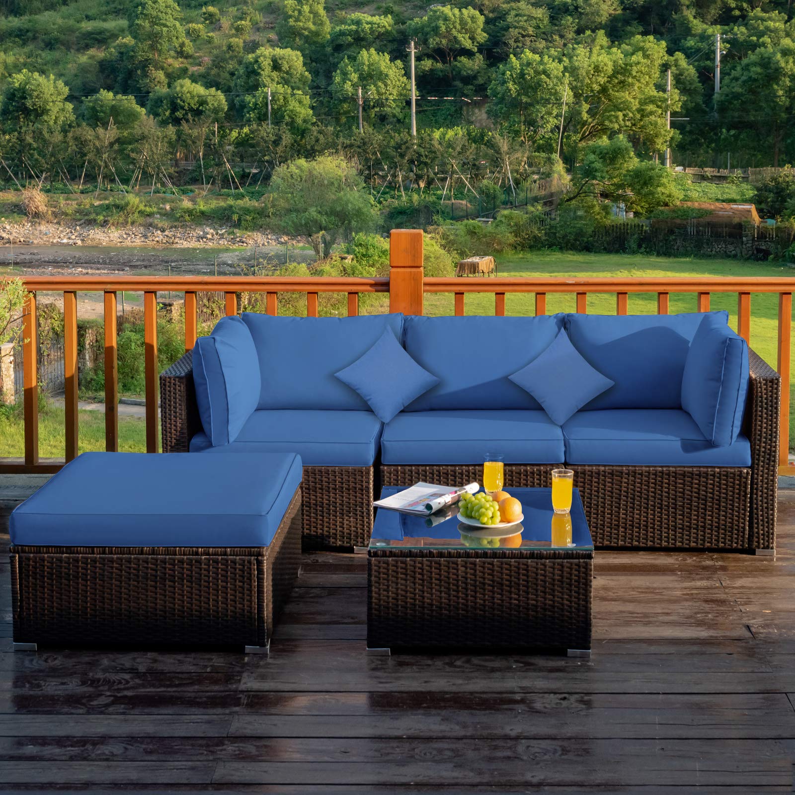 Tangkula 5-Piece Outdoor Patio Furniture Set - All-Weather Wicker Sectional Sofa with Cushions & Glass Table - Navy Blue Rattan Conversation Set for Backyard, Porch, Garden, Poolside & Deck Relaxation