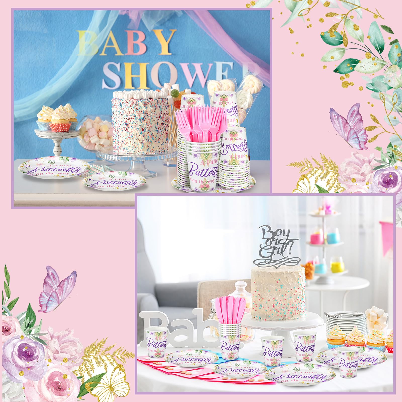350-Piece Baby Shower Party Tableware Set - Disposable Plates, Cups, Forks, Knives & Napkins for 50 Guests - Butterfly Purple Theme - Perfect for Baby Showers, Birthday Parties & Family Gatherings