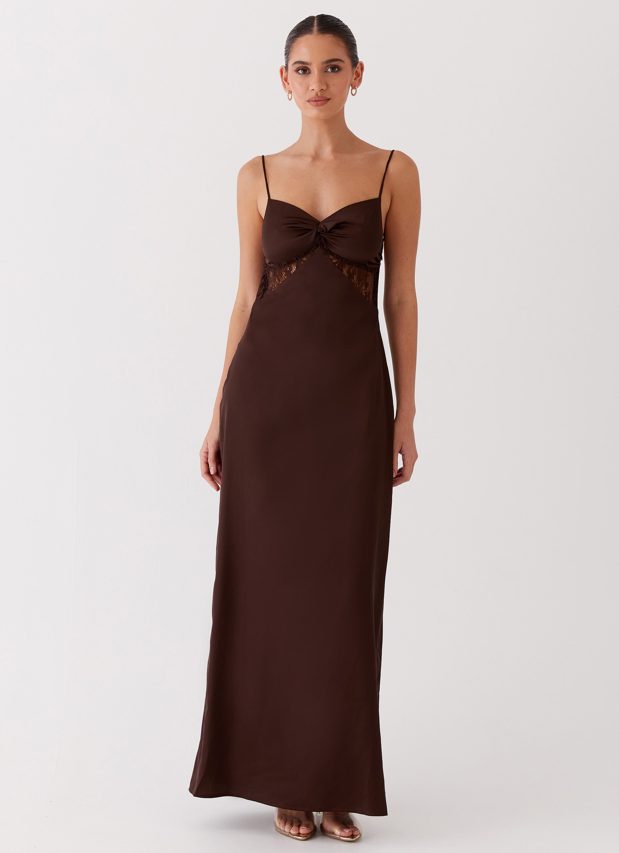 Dream Sight Lace Satin Maxi Dress - Elegant Chocolate Long Evening Gown for Women | Perfect for Weddings, Parties & Special Occasions