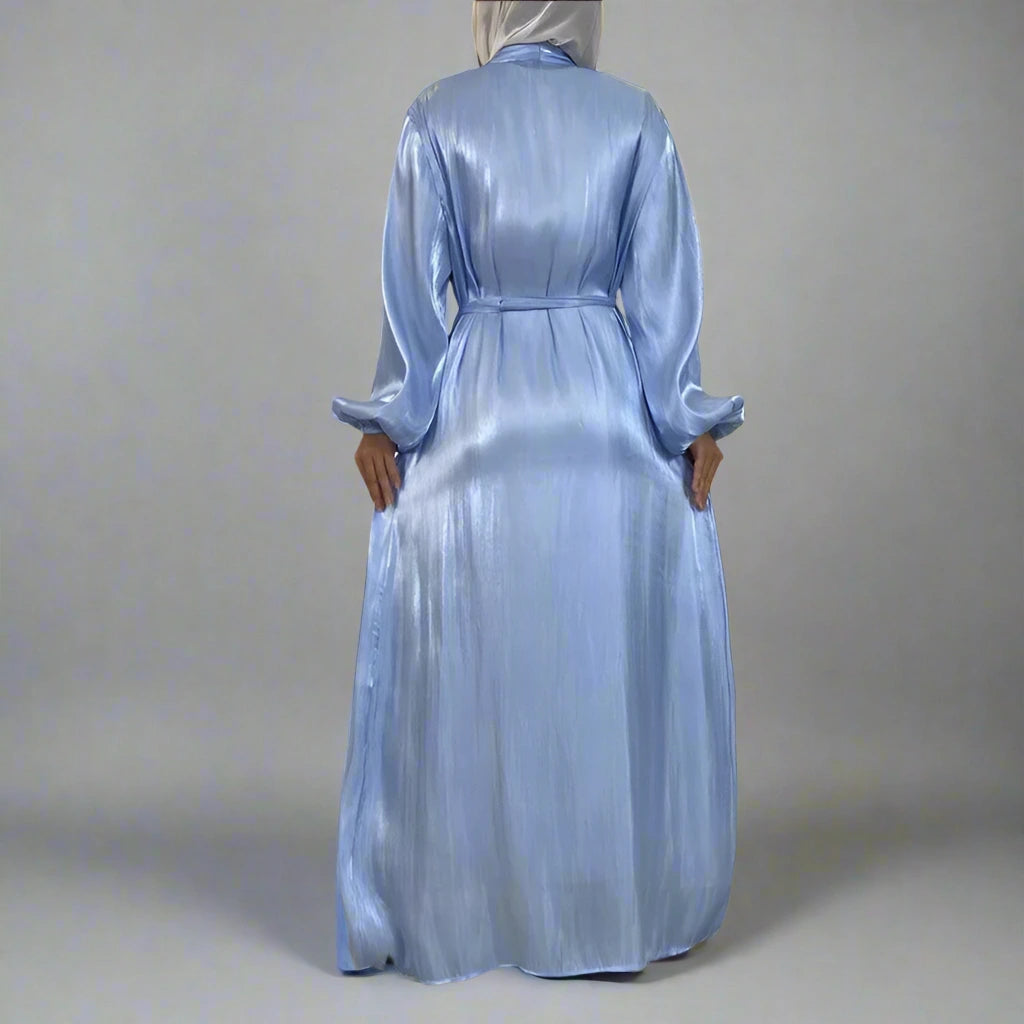 Elegant Bright Silk Satin Open Abaya Dress for Muslim Women - Perfect for Prayer, Special Occasions & Everyday Wear