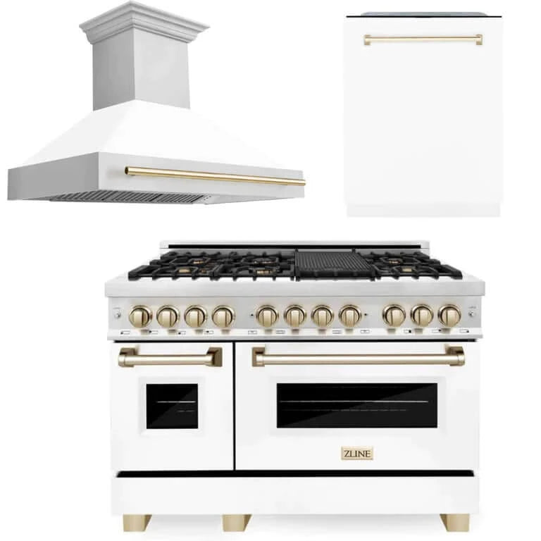 ZLINE Autograph Edition 48-inch Stainless Steel Dual Fuel Range with White Matte Door, Range Hood & Dishwasher - Professional Kitchen Package with Polished Gold Accents (3AKP RAWMRHDWM48 G) | Perfect for Gourmet Cooking, Modern Home Kitchens & Luxury Kitchen Remodels