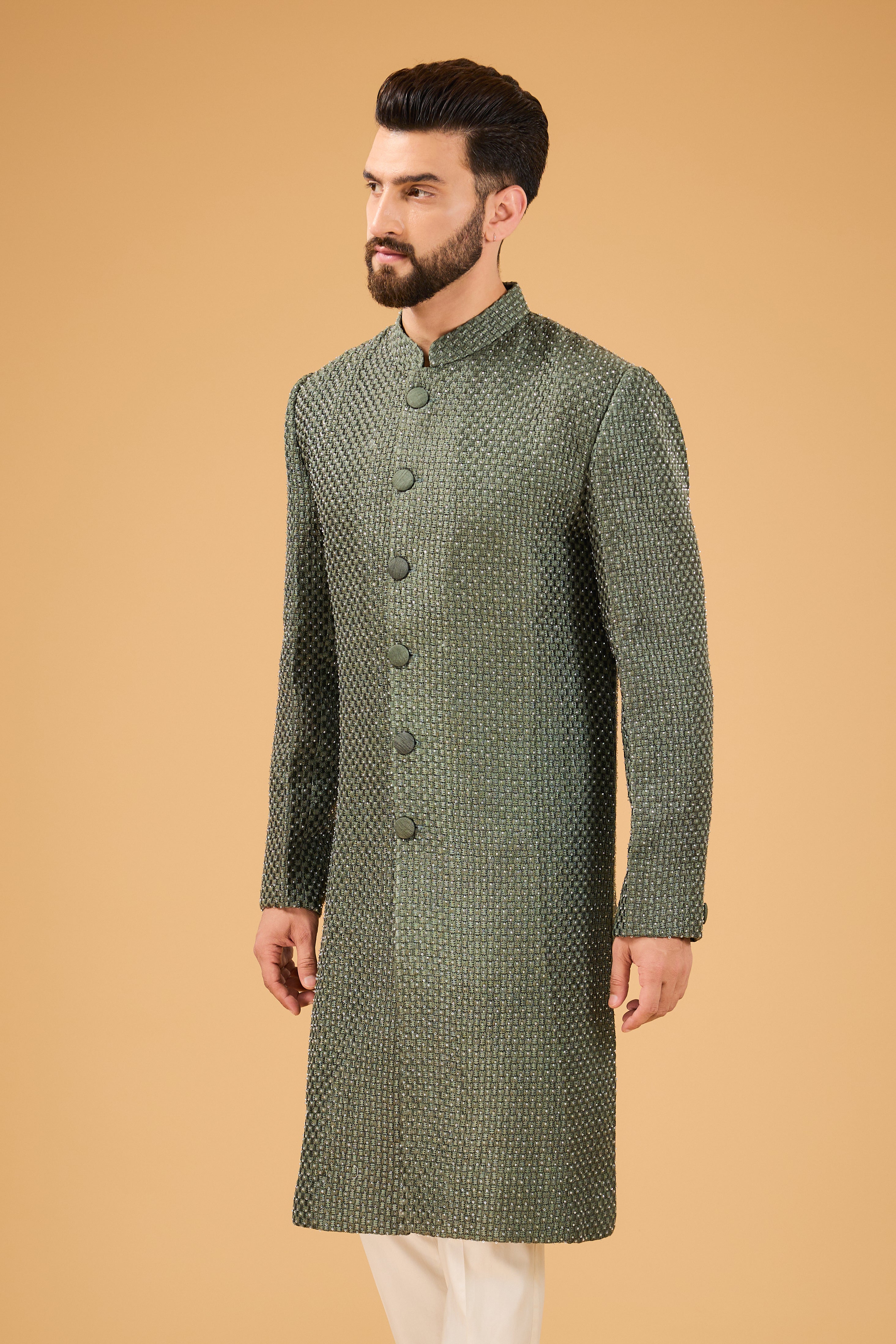 Exquisite Dana Work Military Green Sherwani for Men | Traditional Indian Wedding Attire | Perfect for Grooms & Special Occasions