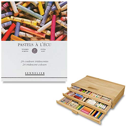 Sennelier Extra Soft Artist Pastel Set - 24 Vibrant Iridescent Pastels with 3-Drawer Wood Storage Box - Perfect for Professional Artists, Sketching & Fine Art Painting
