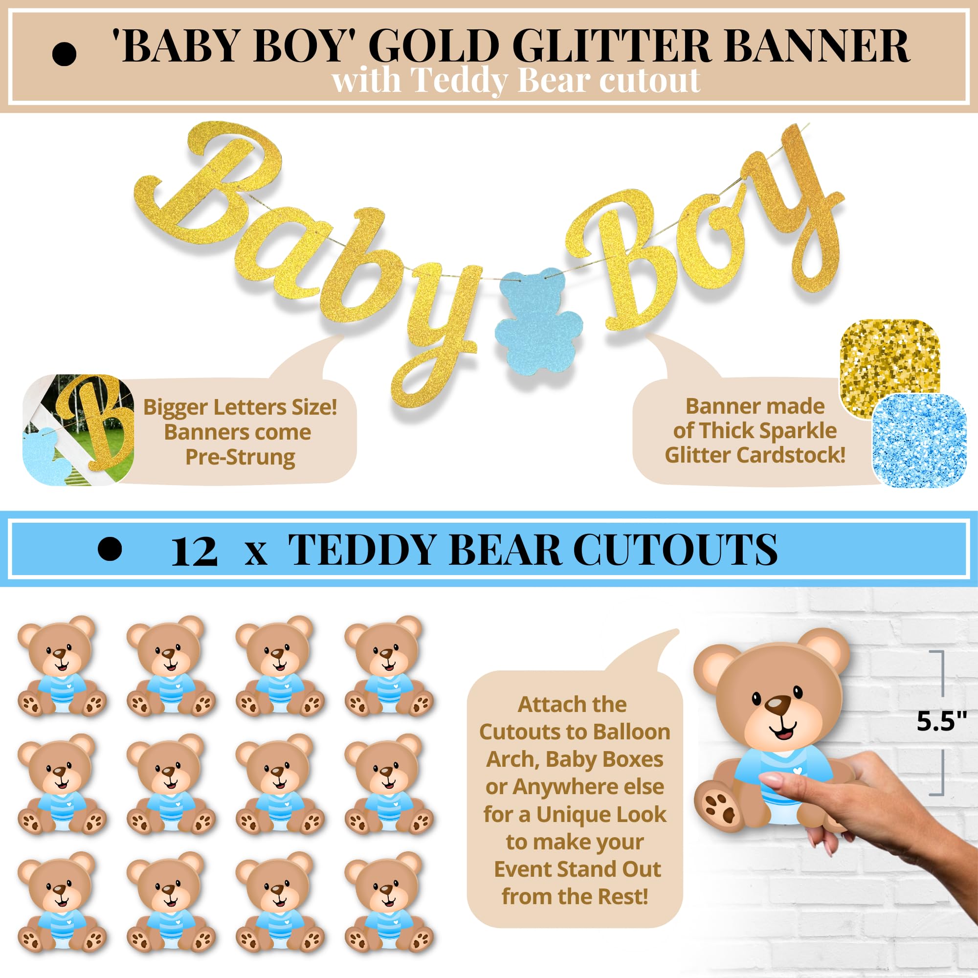 134-Piece Teddy Bear Baby Shower Decor Set for Boys - Gold Glitter Balloon Arch Garland, Baby Boxes, Banner & Bear Cutouts | Gender Reveal, Nursery Party, First Birthday Decorations