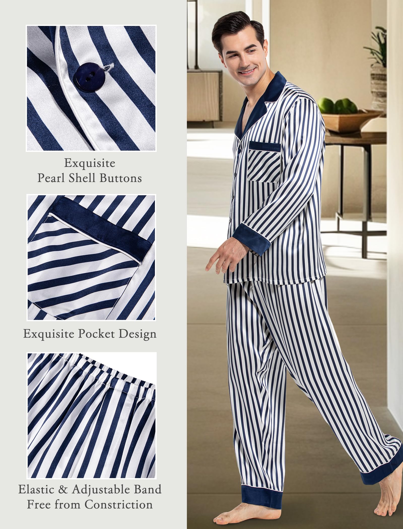 Luxury Men's Silk Pajama Set - 100% Pure Silk Long Sleeve Button Down Sleepwear - Comfortable 2-Piece Pajamas for Men - Perfect for Relaxing at Home, Lounging & Gift Giving