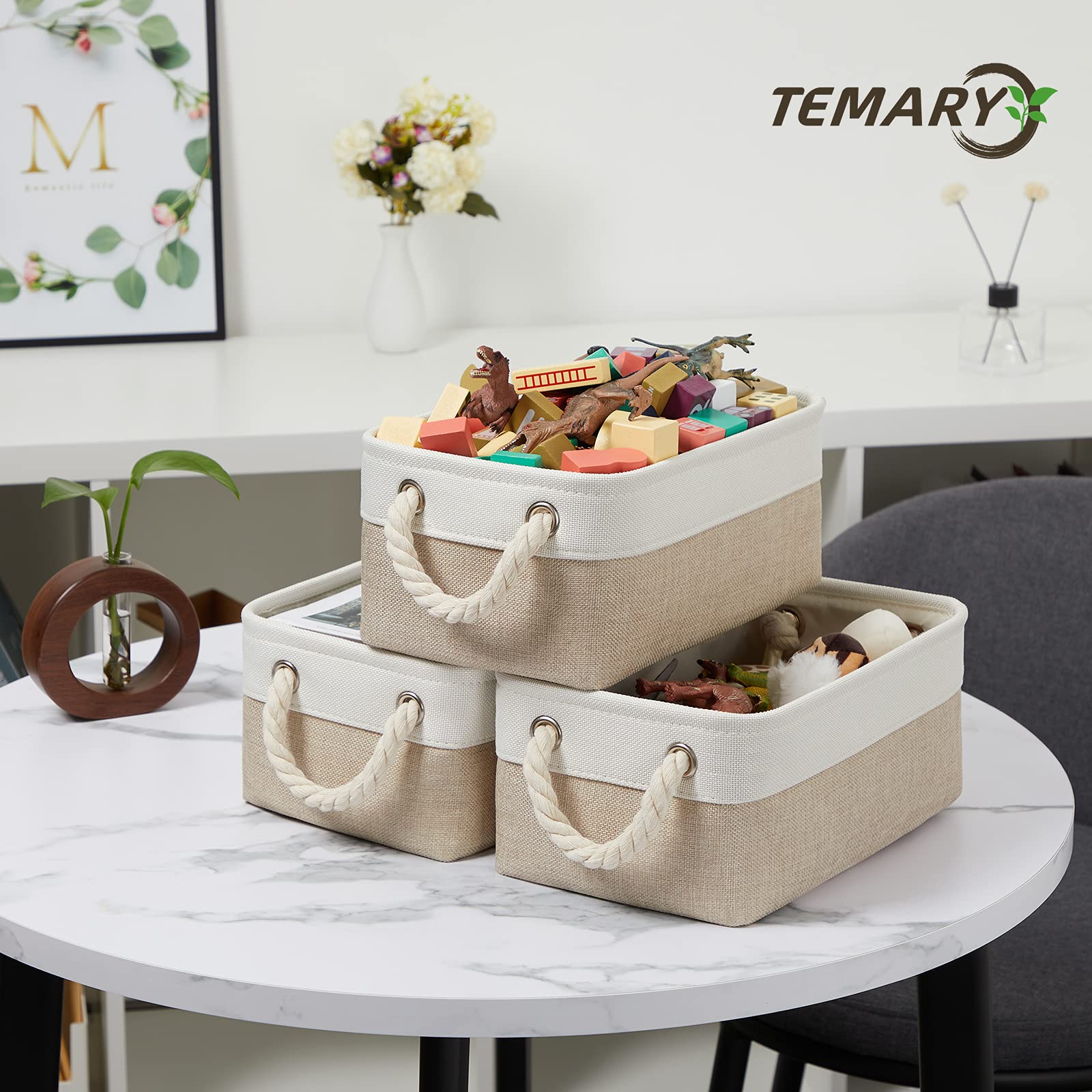 6-Pack Small Fabric Storage Baskets with 2 Decorative Bins - White & Khaki (11.8