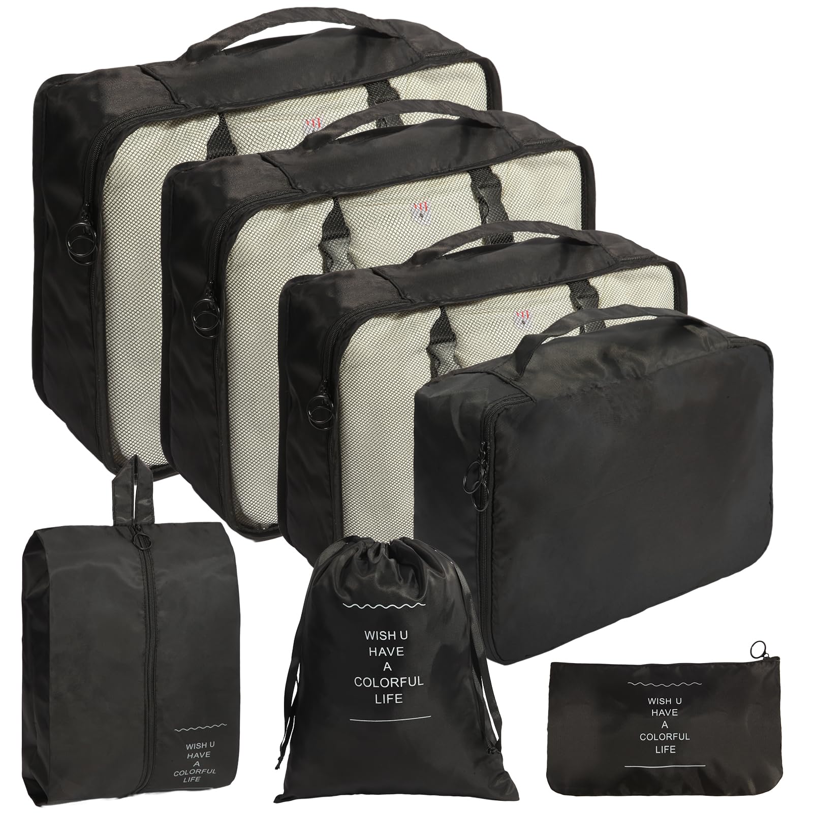 7-Piece Packing Cubes Set for Suitcases - Travel Luggage Organizer Bags for Carry-On & Checked Bags - Perfect for Business Trips, Vacations & Weekend Getaways (Black)