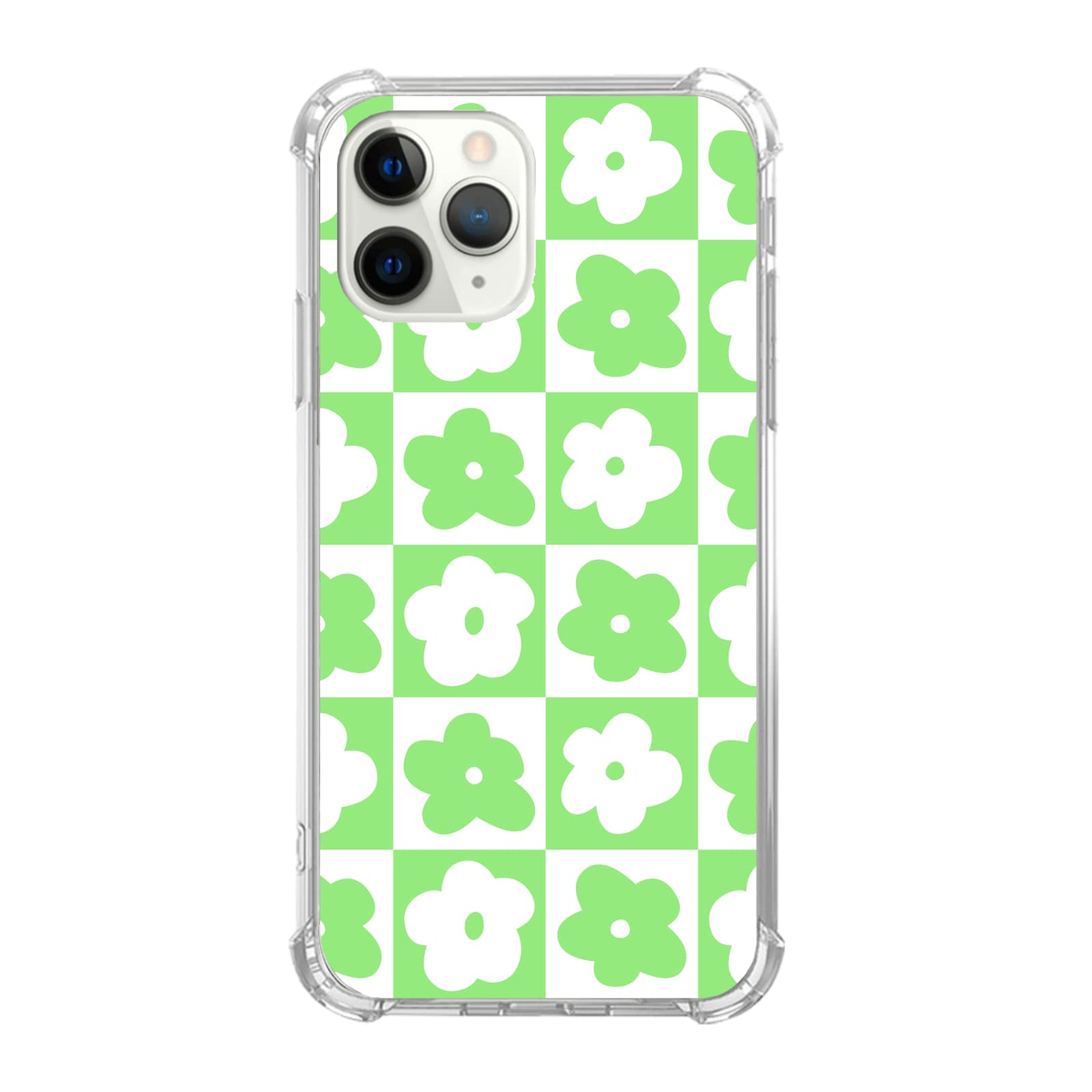 Pastel Green & White Retro Floral Checkered Phone Case for iPhone 11 Pro Max - Aesthetic Vintage Flower Design TPU Bumper Cover for Women & Men - Perfect for Daily Use, Travel & Gift Giving