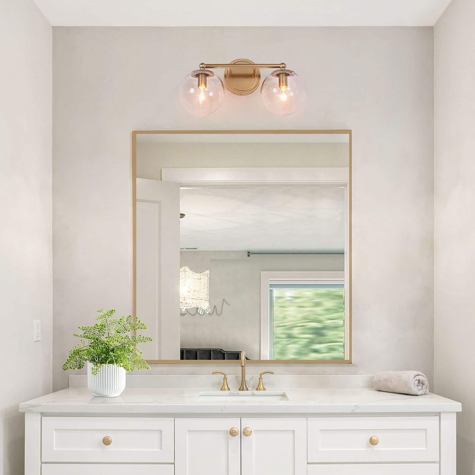 Modern Gold Bathroom Vanity Light Fixture - 2-Light LED Bathroom Sconce with Clear Glass Globe Shade (15