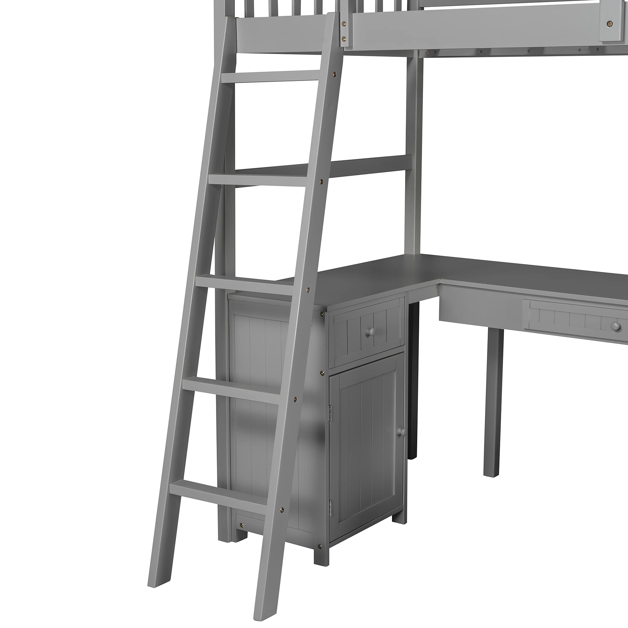 Merax Twin Size Wooden Loft Bed with Built-in Desk, 2 Drawers & Storage Cabinet - Space-Saving Multi-Functional Bed Frame with Ladder & Safety Guardrails - No Box Spring Needed - Grey - Perfect for Kids Rooms, Small Apartments & Dorm Rooms