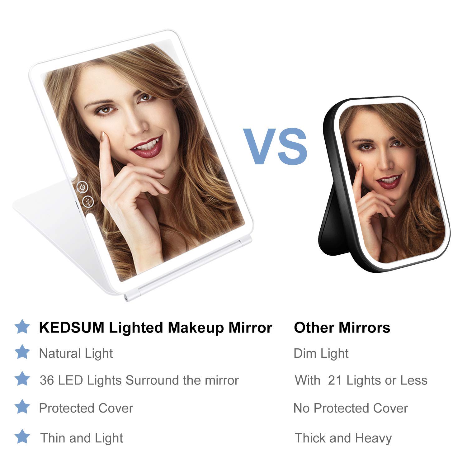 KEDSUM Rechargeable LED Makeup Mirror with Cover - Touch Screen Dimming, 10X Magnification, Portable Travel Vanity Mirror for Home & Travel - Perfect for Makeup, Skincare, and Salon Use
