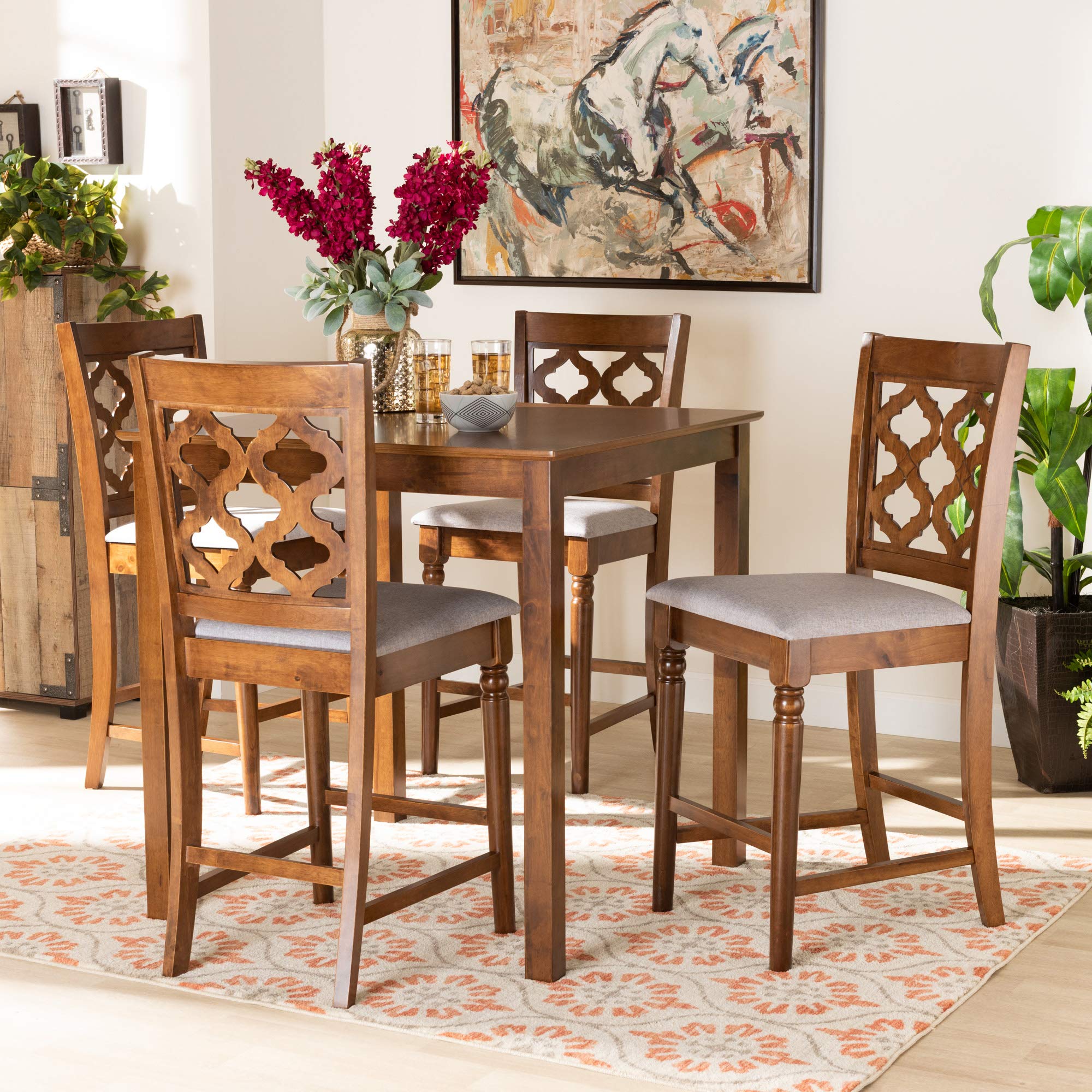 Baxton Studio Ramiro 5-Piece Pub Set - Grey Fabric Upholstered Bar Stools with Walnut Brown Wood Finish - Perfect for Kitchen Islands, Home Bars & Entertainment Spaces