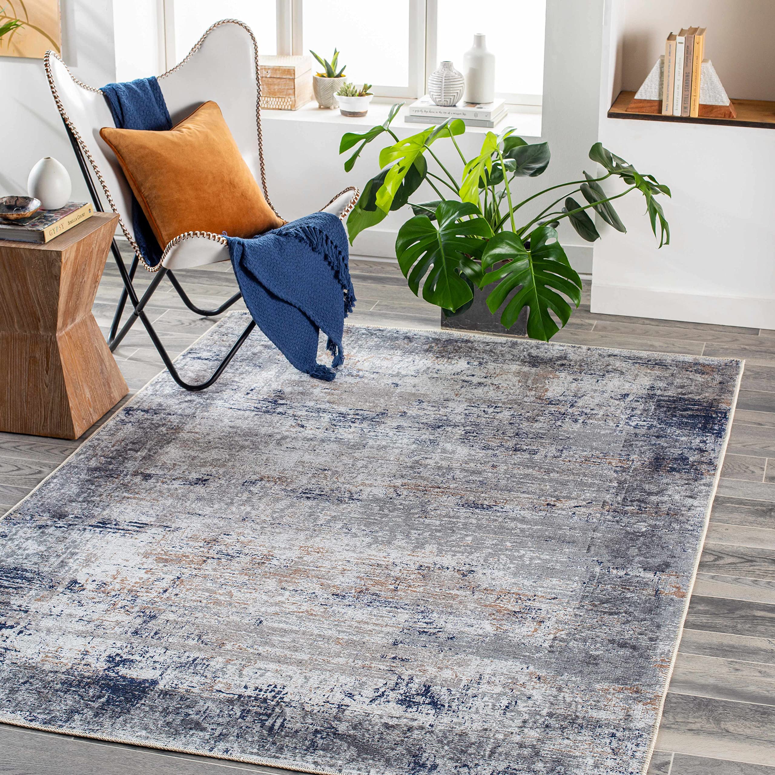 Hauteloom Fairplains Washable Area Rug for Living Room & Bedroom - Soft Gray & Blue Modern Design - 6'7