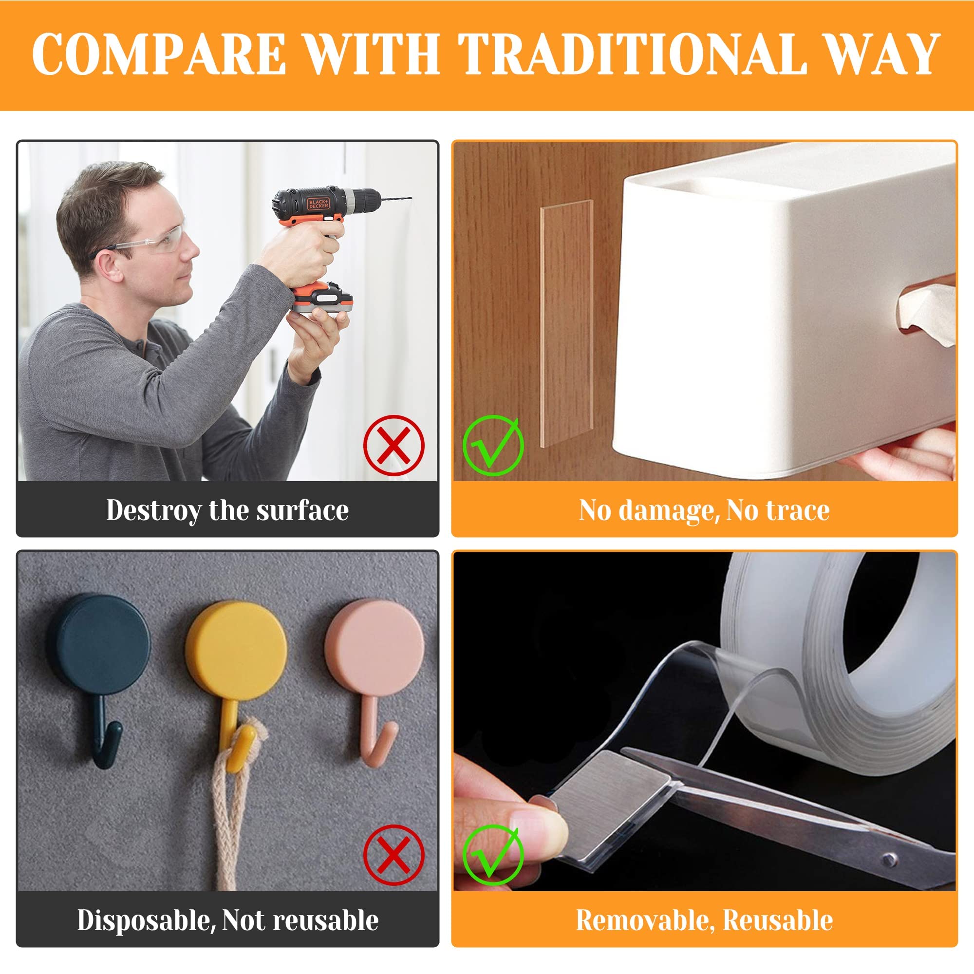 Double Sided Tape Heavy Duty - Removable Wall Mounting Tape for Posters, Pictures & Wall Decor - Washable & Traceless Adhesive (1.18in x 6.5ft) - Perfect for Home, Office & Dorm Room Decorations