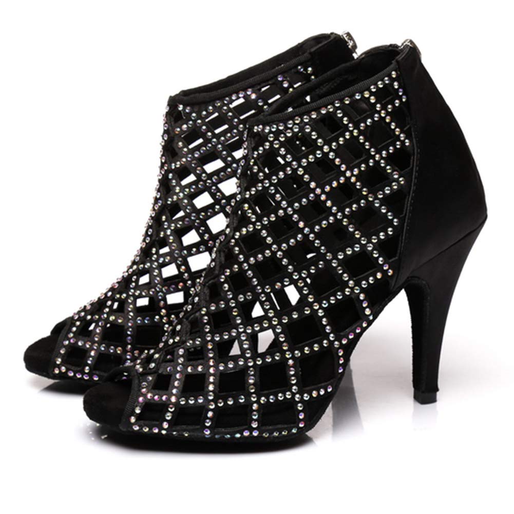 HROYL Women's Rhinestone Latin Salsa Satin Dance Heels - Open Toe Ankle Boots for Ballroom, Tango & Salsa Dancing (YCL398) | Perfect for Dance Competitions & Performances