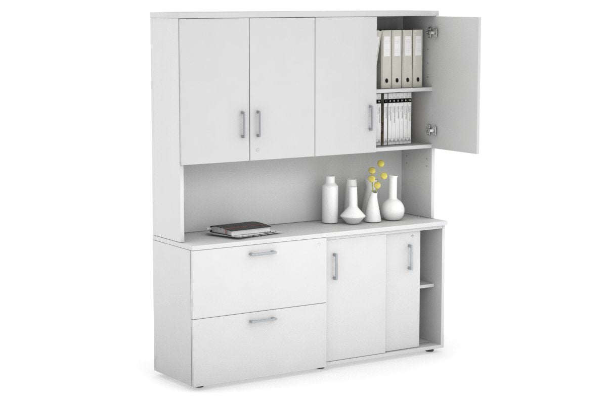 2-Door Sliding Credenza with 2-Drawer Lateral File Cabinet & Hutch - Modern Office Storage Solution for Home or Business Workspaces