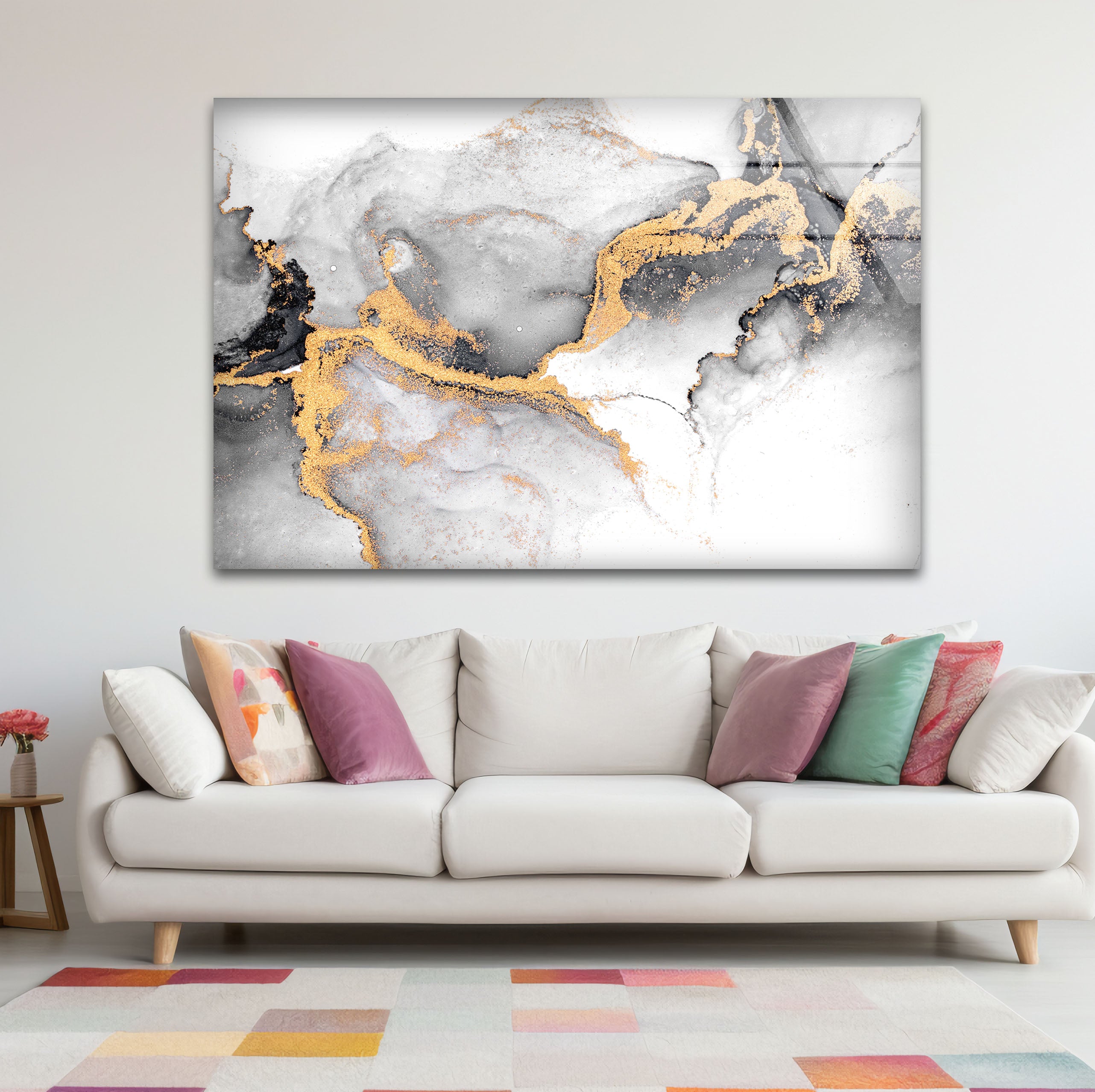 Black White and Gold Abstract Wall Art - Minimalist Glass Print for Modern Home & Office Decor | Perfect for Living Room, Bedroom & Office Spaces