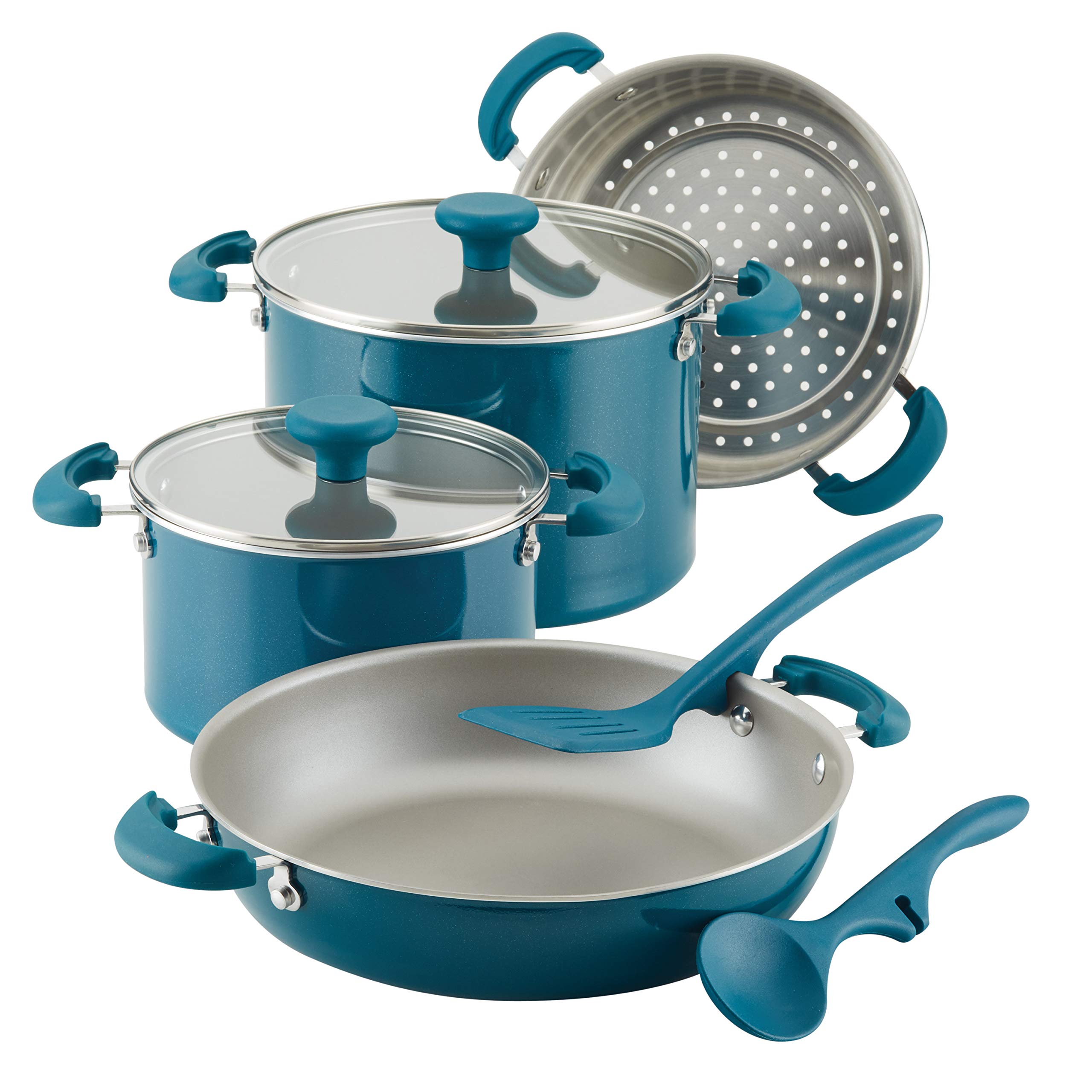 Rachael Ray 8-Piece Nonstick Aluminum Cookware Set in Teal Shimmer - Pots & Pans for Everyday Cooking, Frying & Sauteing - Perfect for Home Chefs & Family Meals