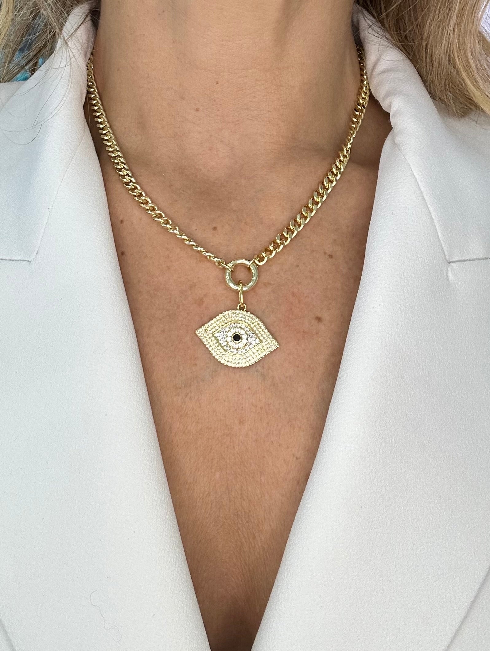 Evil Eye Cuban Link Necklace for Women - 14K Gold Plated Stainless Steel Protection Jewelry - Perfect for Gifts, Parties & Everyday Wear