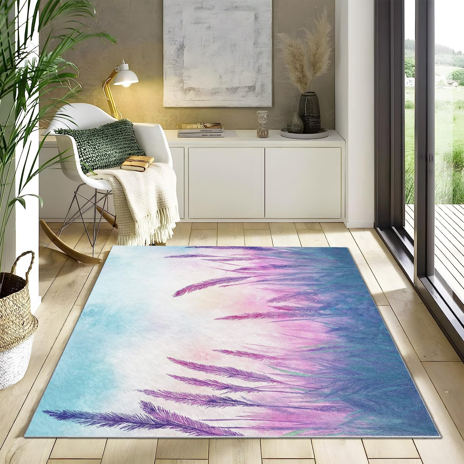Spring Themed Purple & Blue Faux Wool Area Rug - Non-Slip, Machine Washable 7x8 Ft Soft Rug for Kids Bedroom, Living Room, Dining Room, Nursery & Home Office Decor - Perfect for Cozy Family Gatherings and Playtime