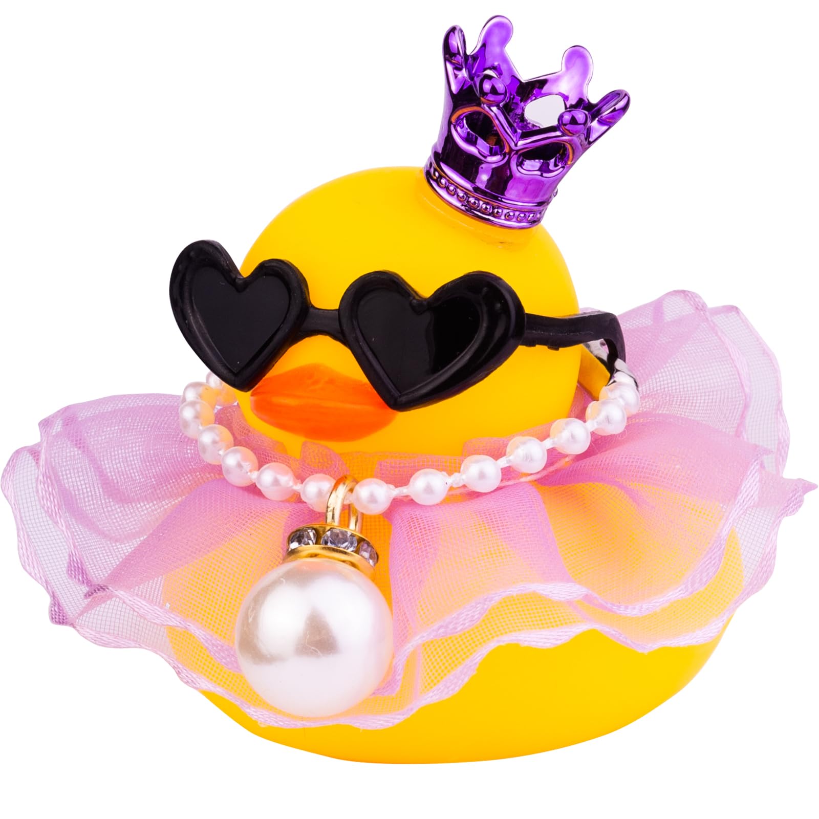 Rubber Duck Car Dashboard Decoration with Mini Crown, Skirt, Necklace & Glasses - Cute Car Accessories for Dashboard, Office Desk, and Party Decor - CF038A