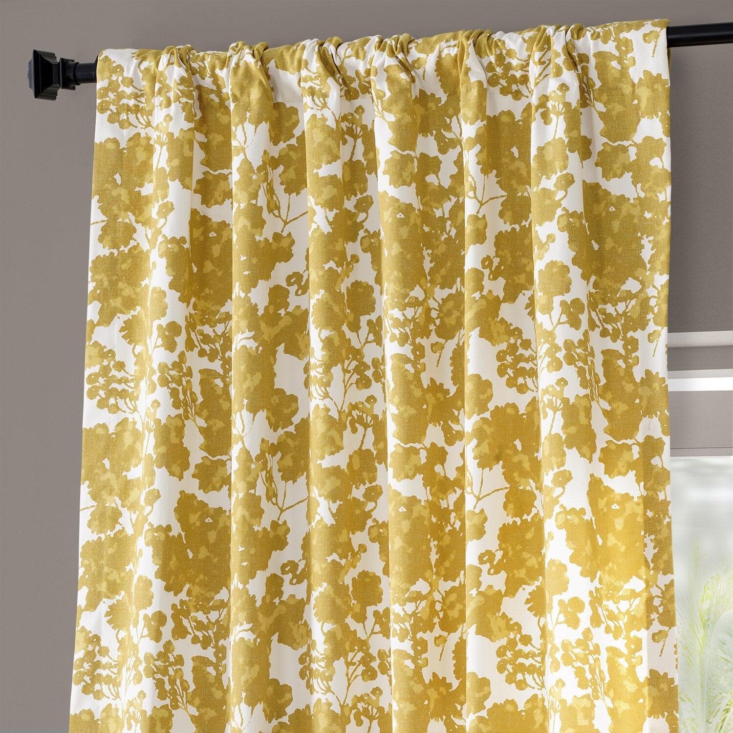 Premium Fleur Gold Floral Printed Blackout Curtains - 100% Cotton Room Darkening Drapes for Bedroom & Living Room - Elegant Home Decor & Light Blocking Window Treatment