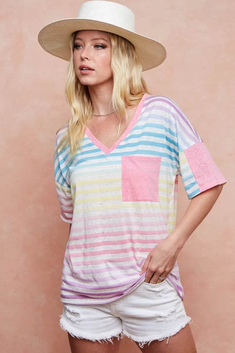 BiBi Rainbow Stripe Printed Triblend Knit Top - Women's Soft Comfortable Casual T-Shirt for Everyday Wear, Street Style & Summer Outfits