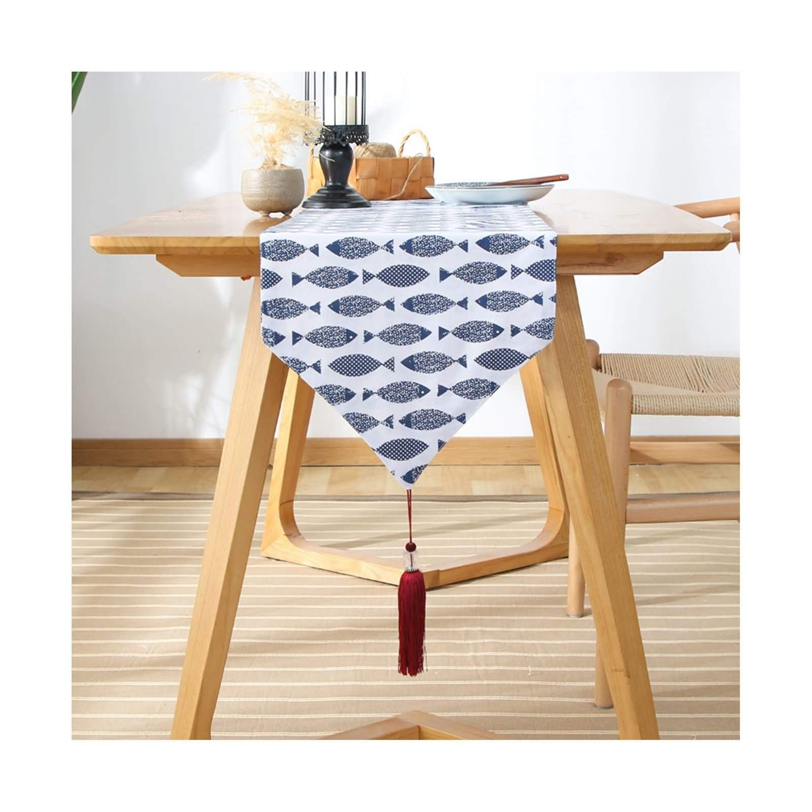 Navy Blue Cotton Table Runner with Salmon Fish Pattern - 13