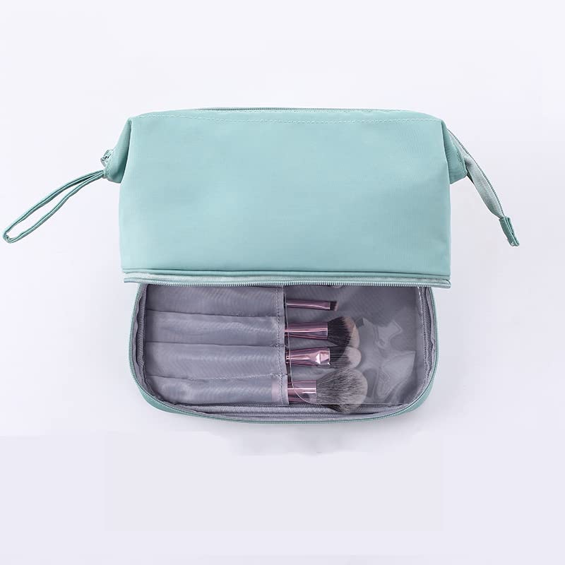 Women's Double Layer Makeup Bag with Brush Holder - Travel Cosmetic Organizer & Toiletry Bag for Girls (Blue) - Perfect for Daily Use, Travel, and Gift Giving