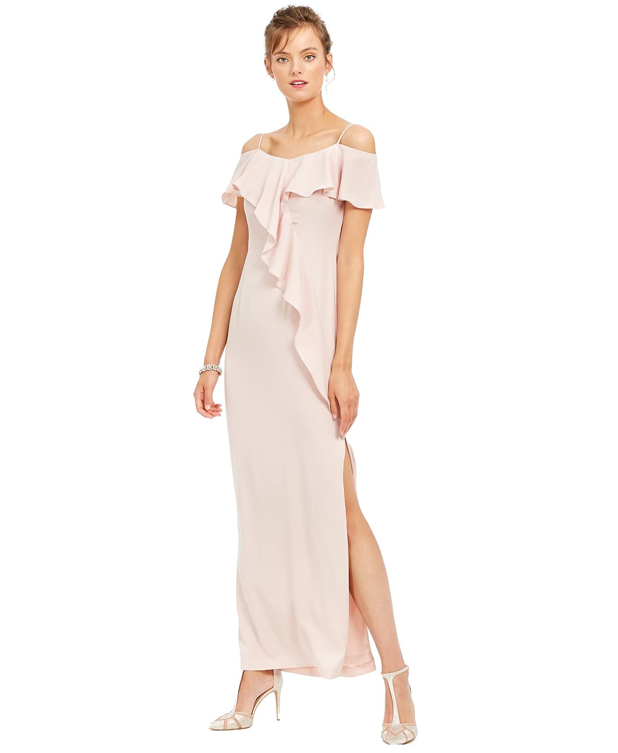 Adrianna Papell Women's Pink Ruffled Slit Zipper Short Sleeve Off-Shoulder Maxi Sheath Evening Dress - Size 6 | Perfect for Prom, Cocktail Parties & Formal Events