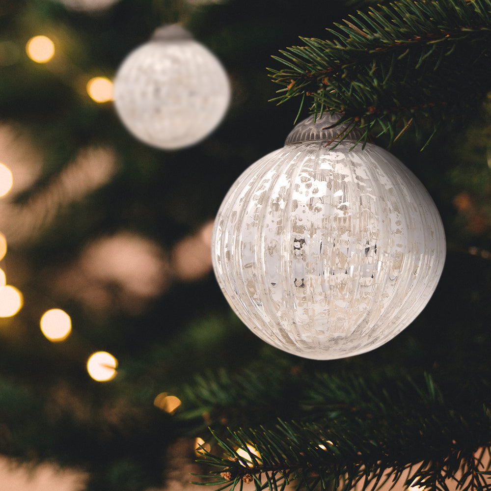 6 Pack Silver Large Mercury Glass Ball Ornaments - Elegant Christmas Tree Decorations for Holiday Home Decor & Party Decorating