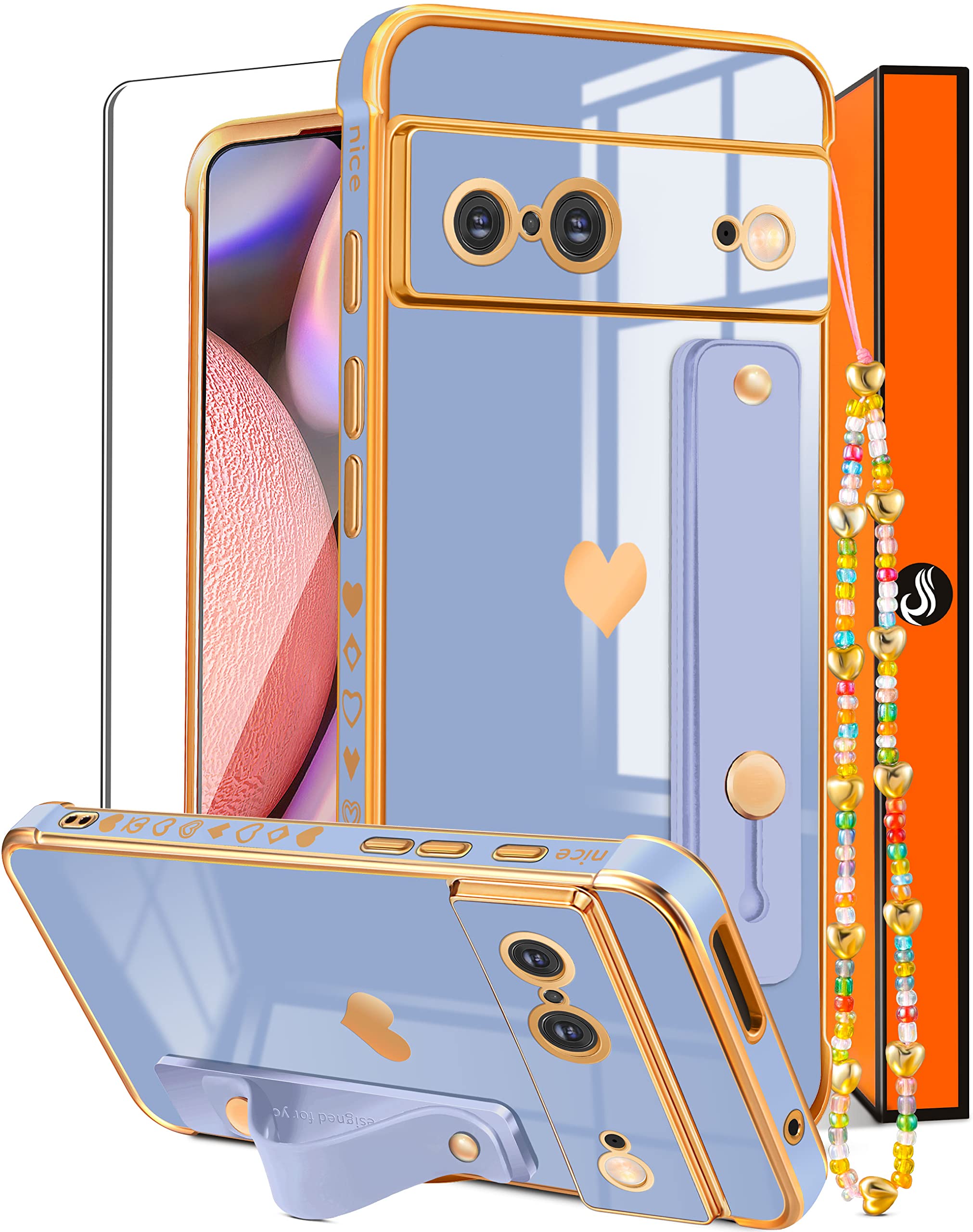 Coralogo Heart Design Google Pixel 7 Case 6.3 inch - Cute Aesthetic Phone Cover with Stand & Chain for Women (Dark Blue Gold Love Hearts) - Perfect for Everyday Use, Travel & Gift Giving